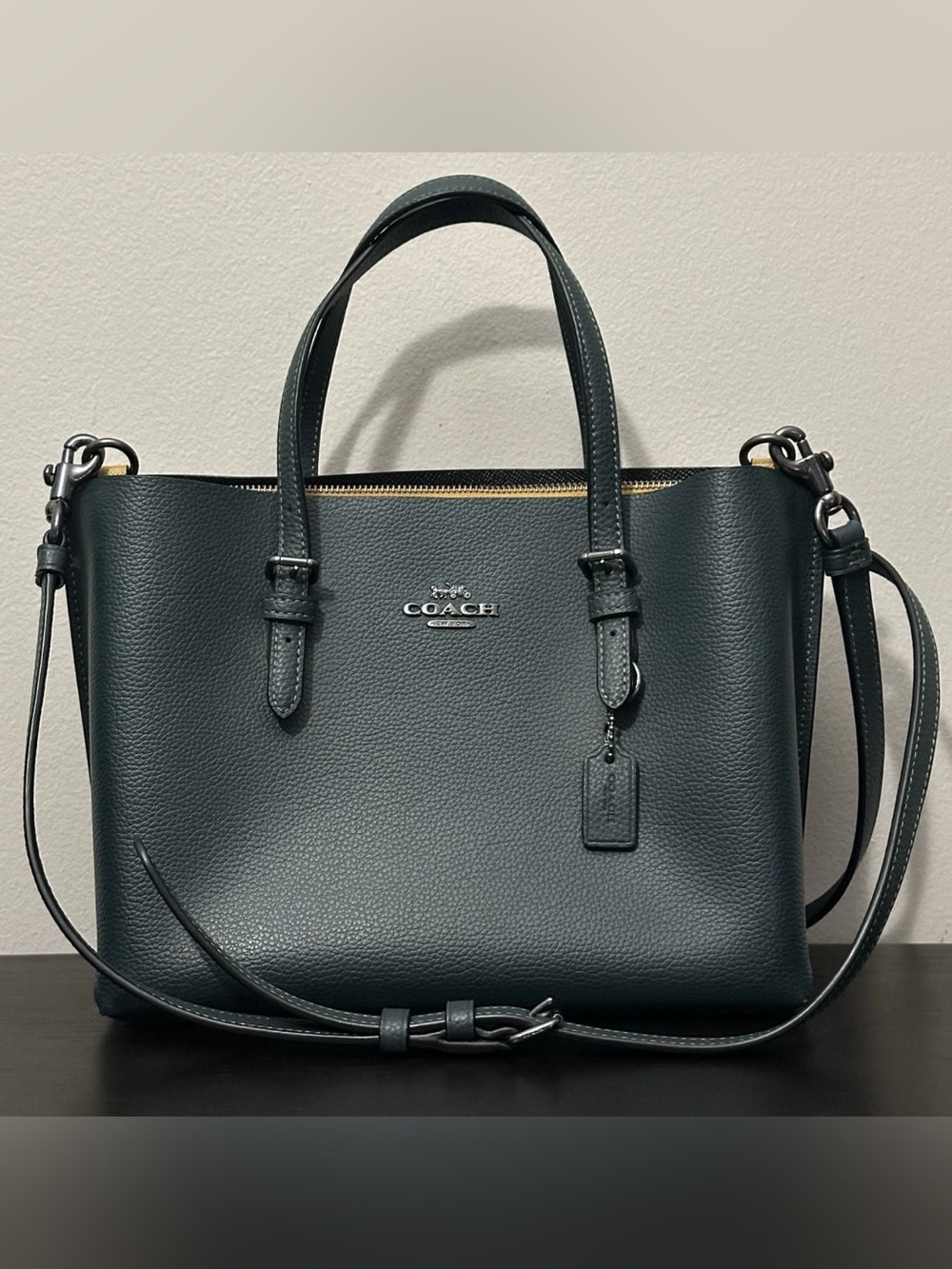 Coach Mollie Tote Bag 25 with Crossbody Strap Green Pebble Leather C4084 Small